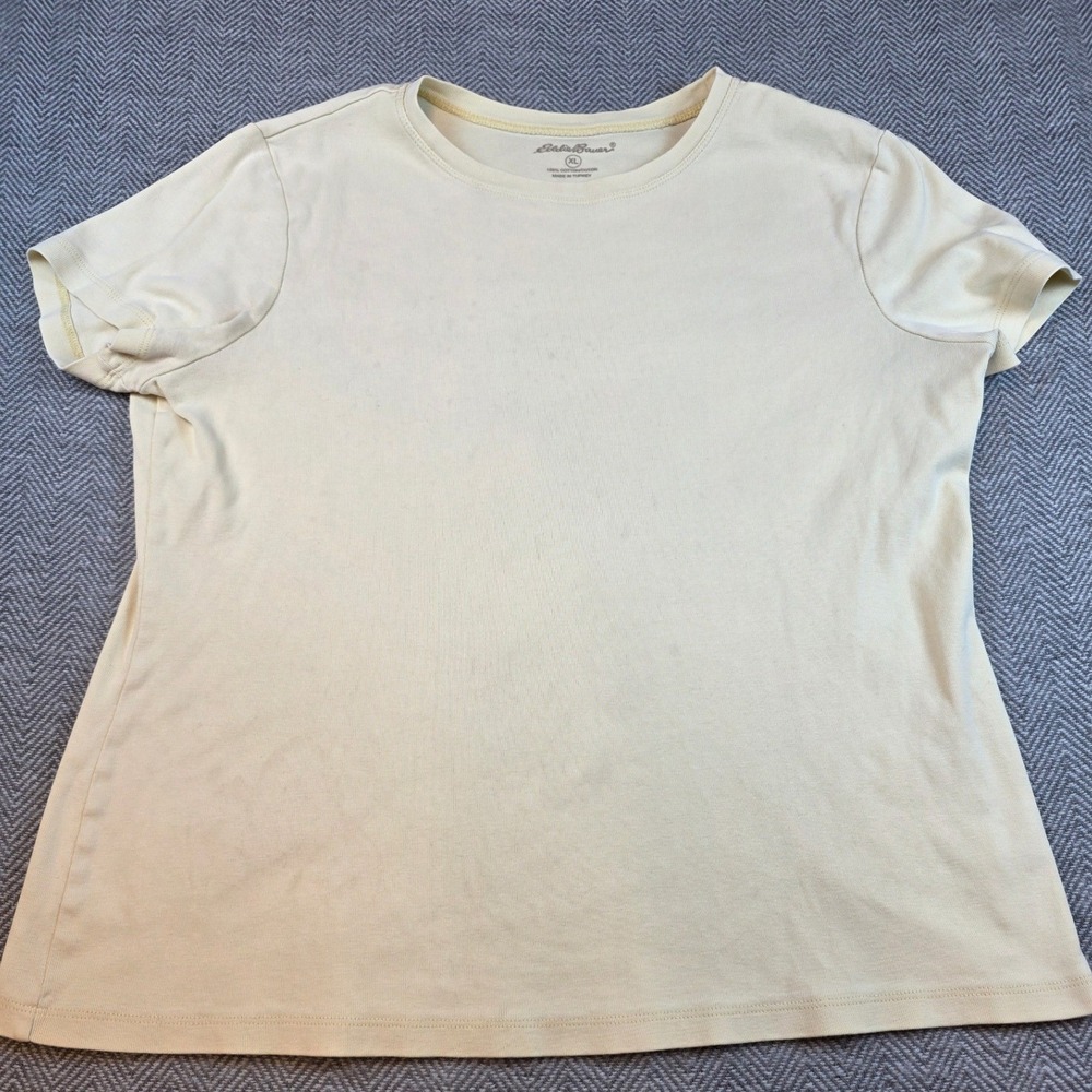 Eddie Bauer Womens XL Pale Yellow Short Sleeve 100% Cotton Crew Neck Tee Shirt